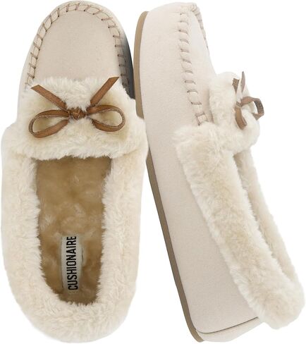 CUSHIONAIRE Women's Stella Faux Suede Moccasin Slippers – Faux Fur Lining, Memory Foam & Wide Widths Available in Kuwait
