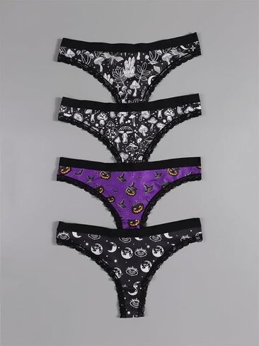 Women's Gothic Halloween Thong Panties Set, 4-Pack, Black and Purple, Lace Trim with Mystical Print in Saudi Arabia