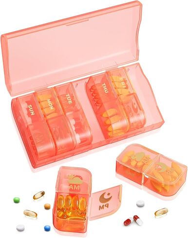Weekly Pill Organizer 2 Times a Day, 7 Day AM/PM Pill Box, Portable Medication Dispenser with Child-Resistant Latch, BPA-Free, Travel, Office, Pets, Emergency Use (Green) in Saudi Arabia