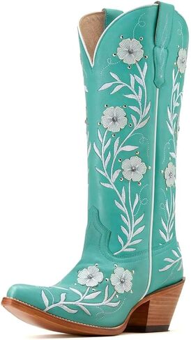 أحذية رعاة البقر Agodor للنساء من راعية البقر اللؤلؤية، أحذية طويلة للركبة مع تطريز كلاسيكي بمقدمة مدببة وكعب مكتنز وسحب على الموضة، أحذية زفاف غربية لؤلؤية in Kuwait