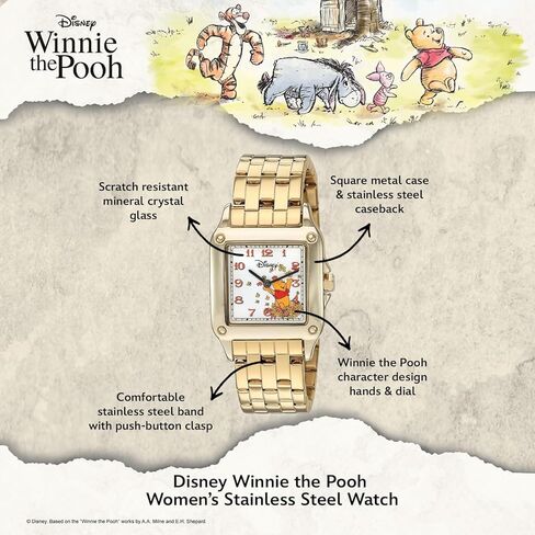 Disney Classic Winnie The Pooh Women’s Watch Featuring Square Dial with Pooh and Friends – Timeless Gift Fans, Collectors, and Lovers of Nostalgic Animation – Gold-Tone Case and Gold Link Bracelet in Saudi Arabia
