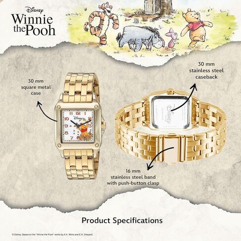Disney Classic Winnie The Pooh Women’s Watch Featuring Square Dial with Pooh and Friends – Timeless Gift Fans, Collectors, and Lovers of Nostalgic Animation – Gold-Tone Case and Gold Link Bracelet in Saudi Arabia