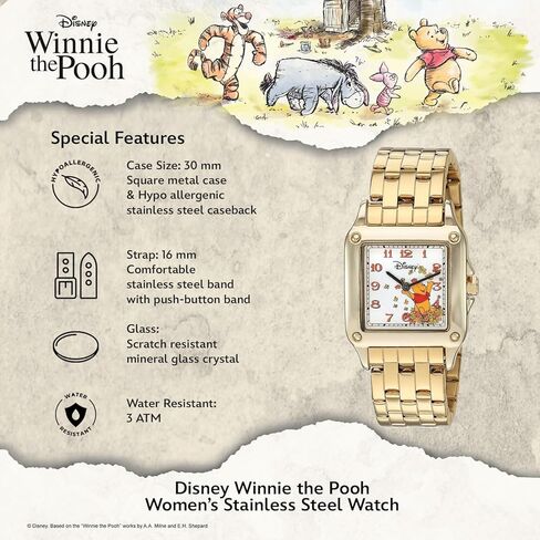 Disney Classic Winnie The Pooh Women’s Watch Featuring Square Dial with Pooh and Friends – Timeless Gift Fans, Collectors, and Lovers of Nostalgic Animation – Gold-Tone Case and Gold Link Bracelet in Saudi Arabia
