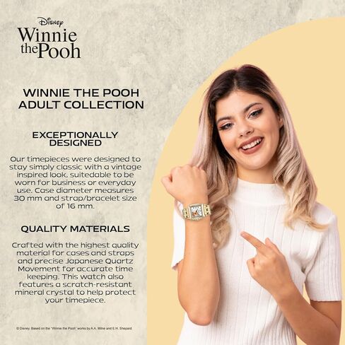 Disney Classic Winnie The Pooh Women’s Watch Featuring Square Dial with Pooh and Friends – Timeless Gift Fans, Collectors, and Lovers of Nostalgic Animation – Gold-Tone Case and Gold Link Bracelet in Saudi Arabia
