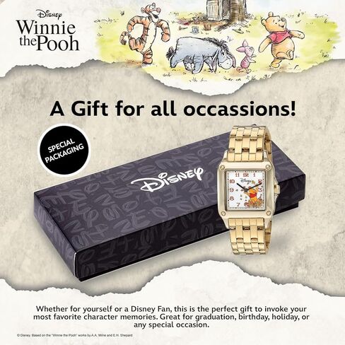 Disney Classic Winnie The Pooh Women’s Watch Featuring Square Dial with Pooh and Friends – Timeless Gift Fans, Collectors, and Lovers of Nostalgic Animation – Gold-Tone Case and Gold Link Bracelet in Saudi Arabia
