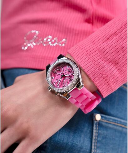 Guess Women's 37mm Watch - Pink Pink Dial Silver-Tone Case in Saudi Arabia