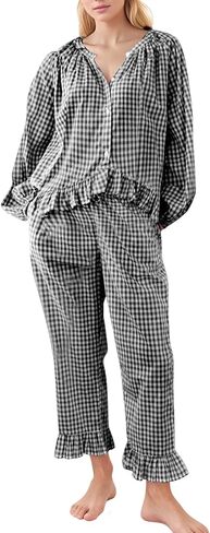 PEHMEA Women's Gingham Cotton Pajama Set, Cute 2 Piece Plaid Ruffle PJs with Long Pants Button Down Top for Lounge Sleepwear in Saudi Arabia