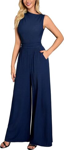 Miusol Women's Retro Half Collar Neck Sleeveless Casual Jumpsuit One Piece Romper with Pockets in Saudi Arabia