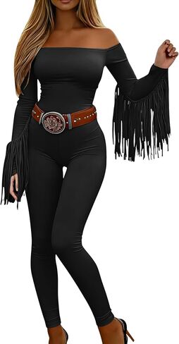 Off The Shoulder Jumpsuit Fall Western Cowgirl Outfits Long Sleeve Fringe One Piece Romper For Women With Pockets in Saudi Arabia