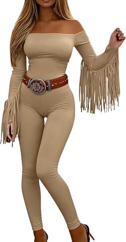 Off The Shoulder Jumpsuit Fall Western Cowgirl Outfits Long Sleeve Fringe One Piece Romper For Women With Pockets in Saudi Arabia