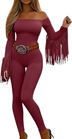 Off The Shoulder Jumpsuit Fall Western Cowgirl Outfits Long Sleeve Fringe One Piece Romper For Women With Pockets in Saudi Arabia