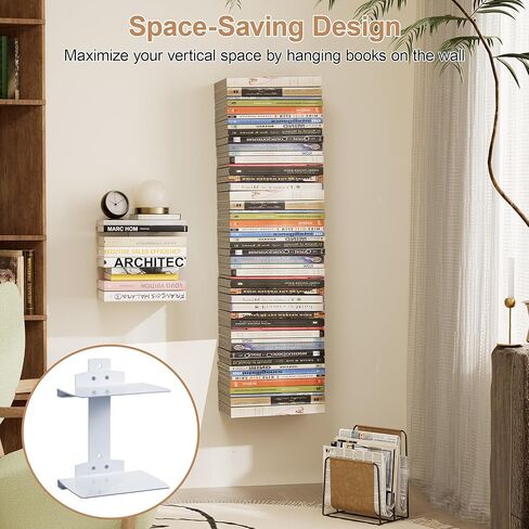Invisible Book Shelf Floating, 6-Tier White Floating Shelves for Wall, Heavy Duty Metal Book Organizer Holders Vertical Hanging Space-Saving for Bedroom Office Room in Saudi Arabia