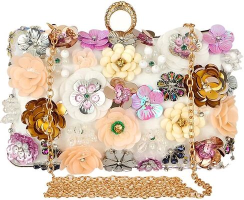 Women's Floral Evening Handbags Colorful Rhinestone Flower Clutch Purses Floral Bride Wedding Handbag Long Chain Shoulder Bag in Saudi Arabia