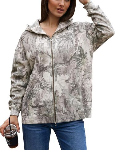 Women Oversized Camo Fleece Hoodies Full Zip Up Sweatshirt Casual Long Sleeve Jackets Trendy Fall Clothes With Pockets in Kuwait