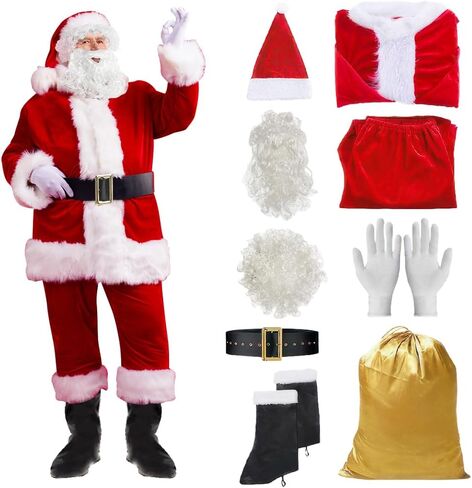 ArtCreativity Santa Clause Costume Adult Men - 9 PC Deluxe Santa Suit for Mens - One size fits all Quality Red Plush Christmas Costumes with Gold Gift Bag - New Year, Parties, and Birthdays Outfit in Saudi Arabia