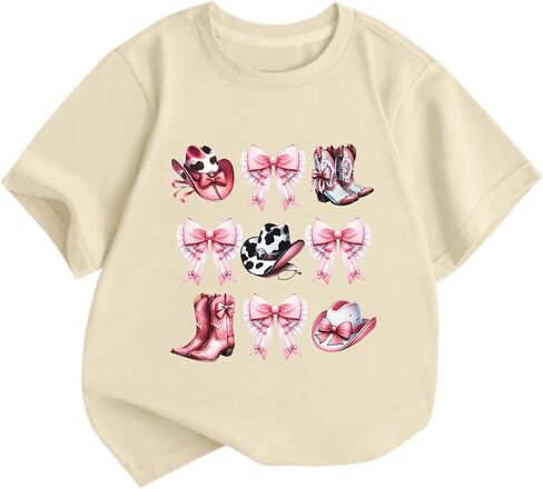 Girls Western Cowgirl Bow Country Shirt Cute Rodeo Cowboy Shirts Kids Graphic Summer Tees Cotton Short Sleeve Tops in Saudi Arabia