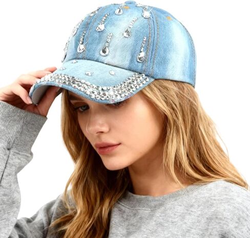 Bling Denim Baseball Cap for Women Jean Hip Hop Rhinestone Hat Jersey Shore Hat Adjustable in Saudi Arabia