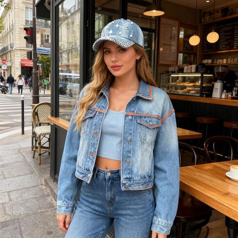 Bling Denim Baseball Cap for Women Jean Hip Hop Rhinestone Hat Jersey Shore Hat Adjustable in Saudi Arabia