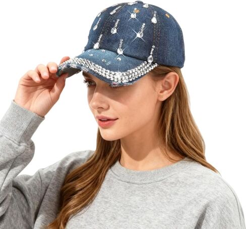 Bling Denim Baseball Cap for Women Jean Hip Hop Rhinestone Hat Jersey Shore Hat Adjustable in Saudi Arabia