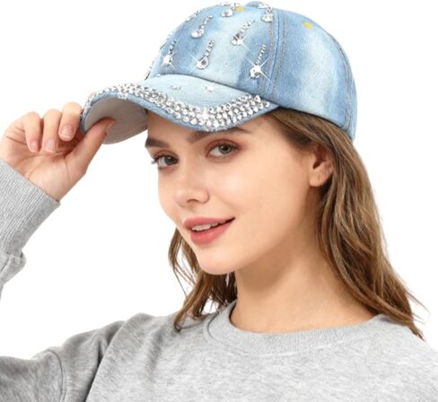 Bling Denim Baseball Cap for Women Jean Hip Hop Rhinestone Hat Jersey Shore Hat Adjustable in Saudi Arabia