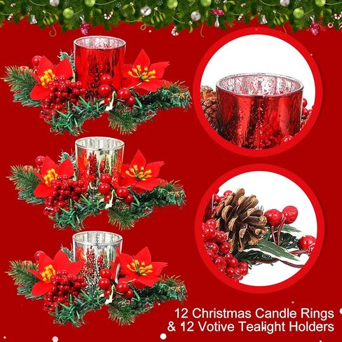 Ceenna Set of 16 Christmas Candle Rings Wreaths Norfolk Pine Garland Red Berry Poinsettia and Artificial Berries Pine Garland Candle Ring Holder for Christmas Wedding Home Table Centerpiece Party in Saudi Arabia