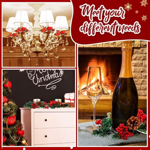 Ceenna Set of 16 Christmas Candle Rings Wreaths Norfolk Pine Garland Red Berry Poinsettia and Artificial Berries Pine Garland Candle Ring Holder for Christmas Wedding Home Table Centerpiece Party in Saudi Arabia