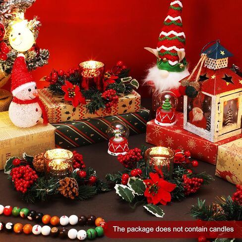 Ceenna Set of 16 Christmas Candle Rings Wreaths Norfolk Pine Garland Red Berry Poinsettia and Artificial Berries Pine Garland Candle Ring Holder for Christmas Wedding Home Table Centerpiece Party in Saudi Arabia