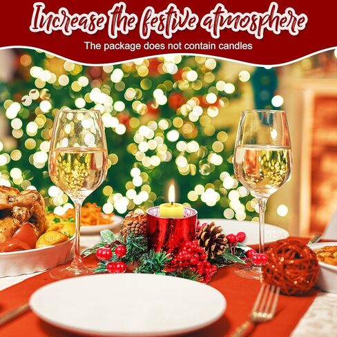 Ceenna Set of 16 Christmas Candle Rings Wreaths Norfolk Pine Garland Red Berry Poinsettia and Artificial Berries Pine Garland Candle Ring Holder for Christmas Wedding Home Table Centerpiece Party in Saudi Arabia