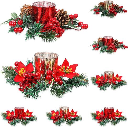 Ceenna Set of 16 Christmas Candle Rings Wreaths Norfolk Pine Garland Red Berry Poinsettia and Artificial Berries Pine Garland Candle Ring Holder for Christmas Wedding Home Table Centerpiece Party in Saudi Arabia