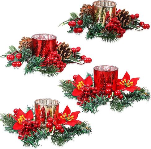 Ceenna Set of 16 Christmas Candle Rings Wreaths Norfolk Pine Garland Red Berry Poinsettia and Artificial Berries Pine Garland Candle Ring Holder for Christmas Wedding Home Table Centerpiece Party in Saudi Arabia