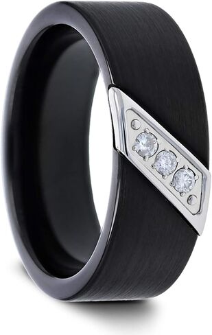 Liam Flat Black Satin Finished Tungsten Carbide Wedding Band with Diagonal Diamonds Set in Stainless Steel - 8 mm (13.5) in Saudi Arabia