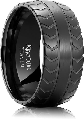 King Will Titanium Wedding Ring for Men Women-8-10mm Black Wedding Band with Tire Tread Pattern Design Comfort Fit for Everday Wear Size 9-11 in Saudi Arabia