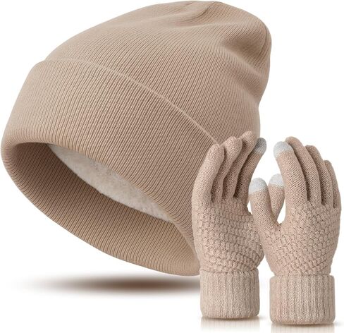 Winter Fleece Lined Knit Beanie Hat Touchscreen Gloves Set Winter Slouchy Warm Cuffed Beanie for Women Men Gift in Saudi Arabia
