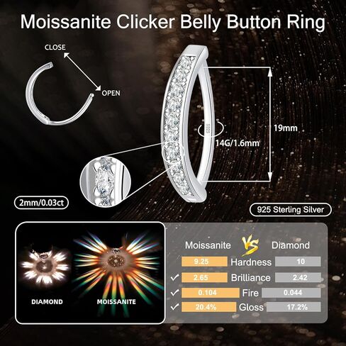 14G Moissanite Clicker Belly Button Ring - 925 Sterling Silver 0.3ct Moissanite Navel Ring Navel Barbell Stud Summer Body Piercing Jewelry for Women in Saudi Arabia