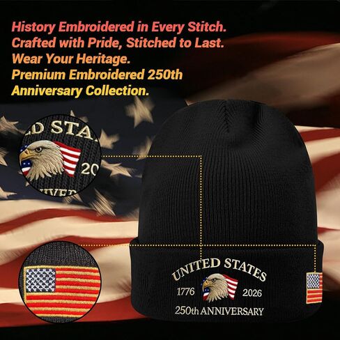 250th Anniversary USA Knit Hat Warm Cozy Embroidery Beanie for Women Men, 250 Year American Anniversary Merchandise in Saudi Arabia