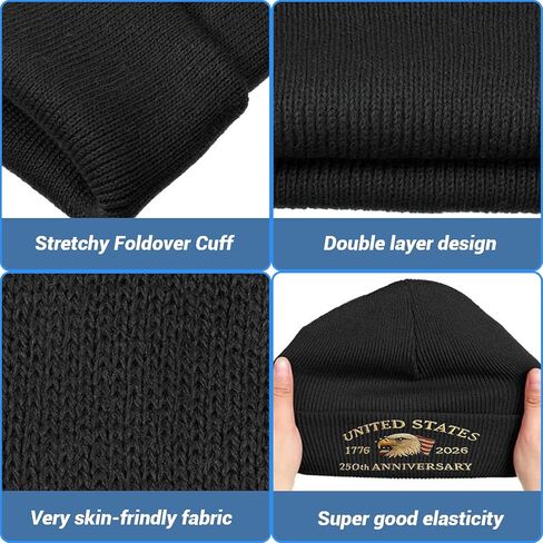 250th Anniversary USA Knit Hat Warm Cozy Embroidery Beanie for Women Men, 250 Year American Anniversary Merchandise in Saudi Arabia