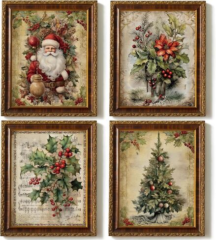 JXREQ Vintage Christmas Bathroom Wall Decor Prints,Retro Christmas Wall Art Decorations for Home Kitchen Bedroom Bathroom Living Room Office,Santa Claus Xmas Tree Decor Prints Set of 4,8x10 Unframed in Saudi Arabia