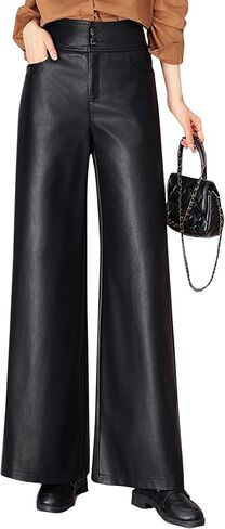 Lucrosun بنطال جلد صناعي عصري بخصر عالٍ وواسع الساق من جلد البولي يوريثان in Kuwait