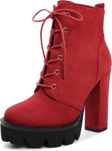 Mettesally Women's Platform Ankle Boots Non Slip Booties Shoes Size 5-13 | Handmade Round Toe 4.7 Inches Chunky High Heel Boots for Women Lace up Side Zipper Leather Comfortable for Fall Winter in Kuwait