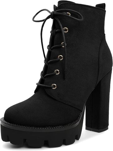 Mettesally Womens Platform Lace Up في الكاحل أحذية جولة إصبع القدم مكتنزة كتلة عالية الكعب الجانبي سستة القصة القصيرة أحذية الشتاء أحذية الشتاء in Kuwait