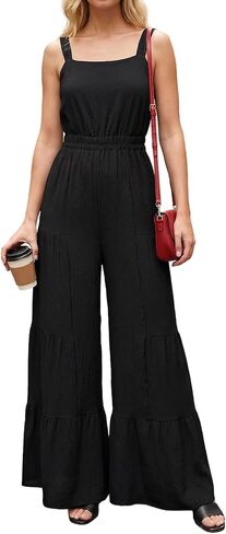 BLENCOT Jumpsuits for Women Summer Casual Loose Sleeveless Overalls Jumpsuit Ruffle Wide Leg Long Flare Pant Flowy Rompers in Kuwait
