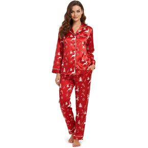 Christmas Women Satin Silk Pajamas Long Sleeve Sleepwear 2 Piece Button Up Pjs Set Xams Soft Loungewear in Saudi Arabia