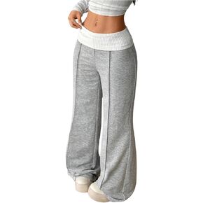 Verdusa Women's Fold Over Baggy Pants Athletic Wide Leg Sweatpants Fitness Clothing Lightweight Bell Bottoms in Saudi Arabia