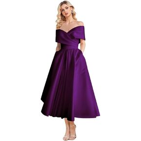 Women's Off Shoulder Wedding Dress for Bride Tea Length A Line Satin Formal Prom Dresses with Pockets in Saudi Arabia