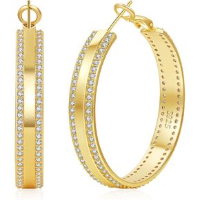 Senteria 6MM Wide Sterling Silver Post Hoop Earrings Hypoallergenic Sparkly Cubic Zirconia 14K Gold Plated Thick Hoop Earrings Lightweight Large Hoop Earrings for Women Gift 30/40/50MM in Kuwait