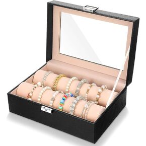 حامل عرض الأساور مع قضبان لساعات الأساور، صندوق تخزين منظم المجوهرات بغطاء شفاف للنساء والفتيات - أسود in Kuwait