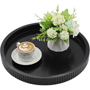 صينية تقديم خشبية مستديرة من Carah & Cossh، صينية خشبية مزخرفة مستديرة مطلية باللون الأبيض، صينية زخرفية ريفية مستديرة للمزرعة، مثالية للتخزين والعرض (بني) in Kuwait