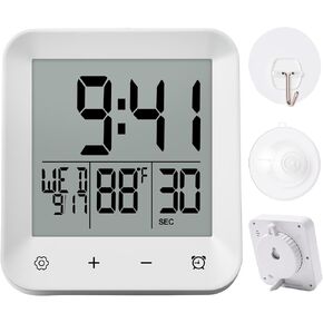 Waterproof Shower Clock with Timer, Bathroom Wall Clock Displaying Temperature, Date & Day, Battery Operated LCD Digital Clock for Bath, Kitchen (White) in Saudi Arabia