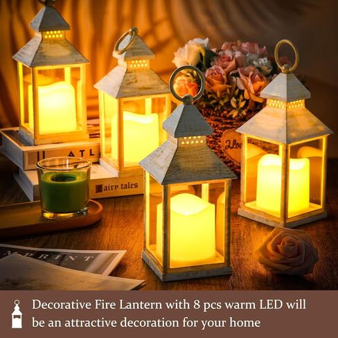 Sumind 8 Pack 9" Decorative Candle Lantern with Flameless Candle Wood Grain Lantern Hanging Vintage Rustic Farmhouse Decor Wedding Decoration Table Centerpiece for Indoor Outdoor Party(White) in Saudi Arabia
