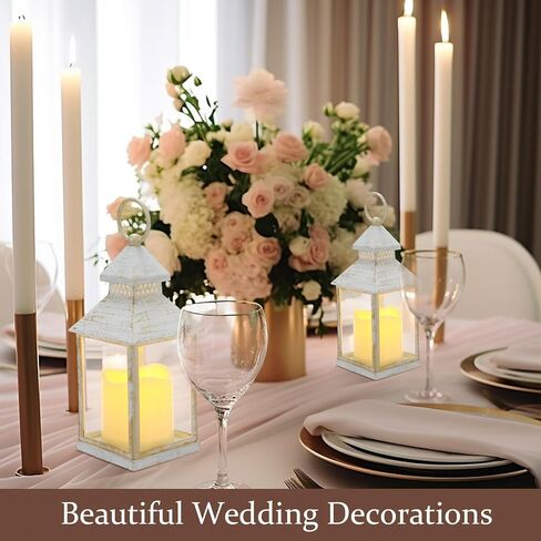 Sumind 8 Pack 9" Decorative Candle Lantern with Flameless Candle Wood Grain Lantern Hanging Vintage Rustic Farmhouse Decor Wedding Decoration Table Centerpiece for Indoor Outdoor Party(White) in Saudi Arabia